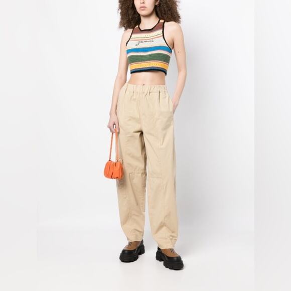 Ganni Pants - GANNI Womens Straight Leg Organic Cotton Cargo Beige Pull On Trousers L